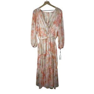 Calvin Klein Faux Wrap Floral Tiered Ruffle Maxi Dress Women's 16 NWT Sheer Plus